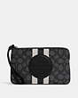 COACH®,DEMPSEY LARGE CORNER ZIP WRISTLET IN SIGNATURE JACQUARD WITH STRIPE AND COACH PATCH,Jacquard,Medium,Silver/Black Smoke Black Multi,Front View