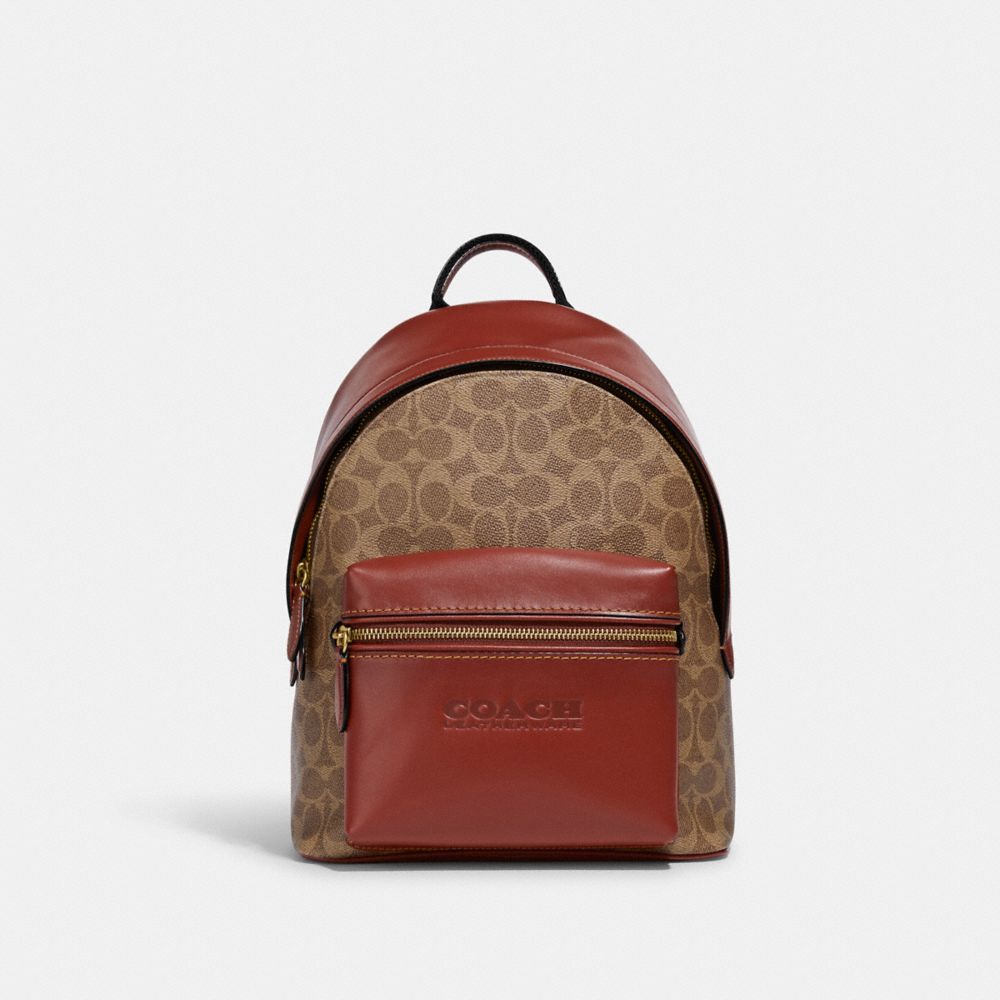 COACH®,CHARTER BACKPACK 24 IN SIGNATURE CANVAS,Medium,Brass/Tan/Rust,Front View image number 0