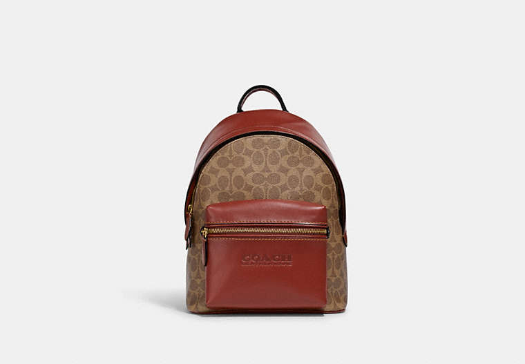 COACH®,CHARTER BACKPACK 24 IN SIGNATURE CANVAS,canvas,Medium,Brass/Tan/Rust,Front View image number 0