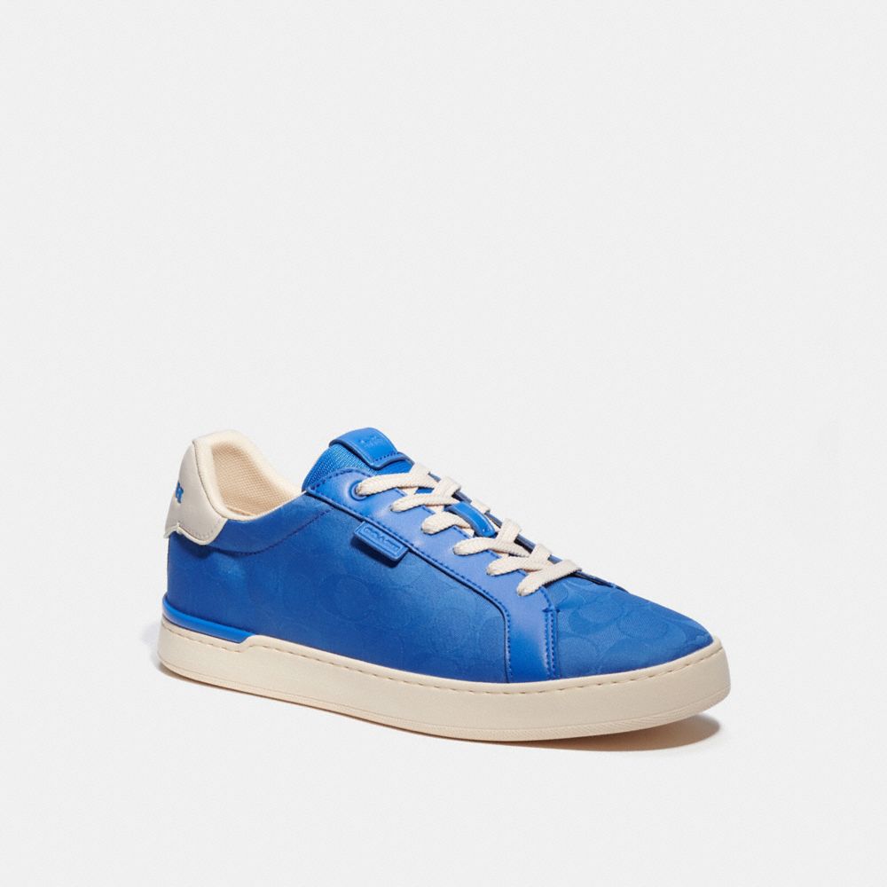 COACH®,LOWLINE LOW TOP SNEAKER IN RECYCLED SIGNATURE JACQUARD,Jacquard/Leather,Blue Fin,Front View