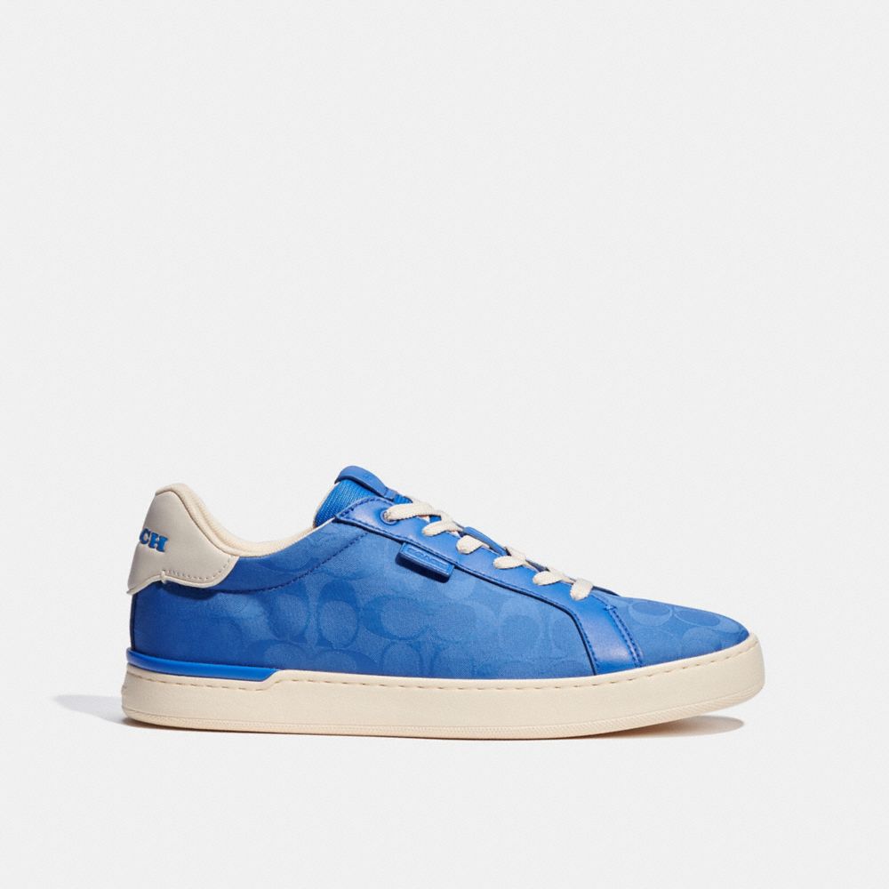 COACH®,LOWLINE LOW TOP SNEAKER IN RECYCLED SIGNATURE JACQUARD,Jacquard/Leather,Blue Fin,Angle View