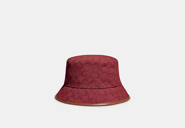 COACH®,SIGNATURE JACQUARD BUCKET HAT IN ORGANIC COTTON AND RECYCLED POLYESTER,Crimson,Front View