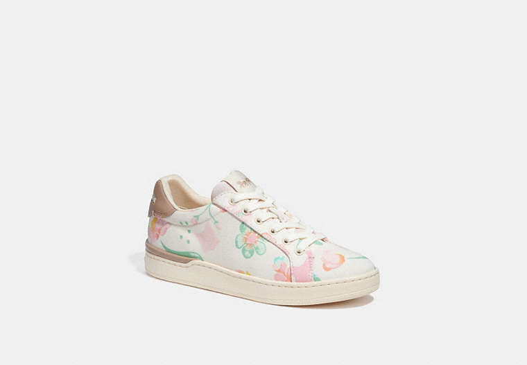 COACH®,CLIP LOW TOP SNEAKER WITH FLORAL,Chalk,Front View