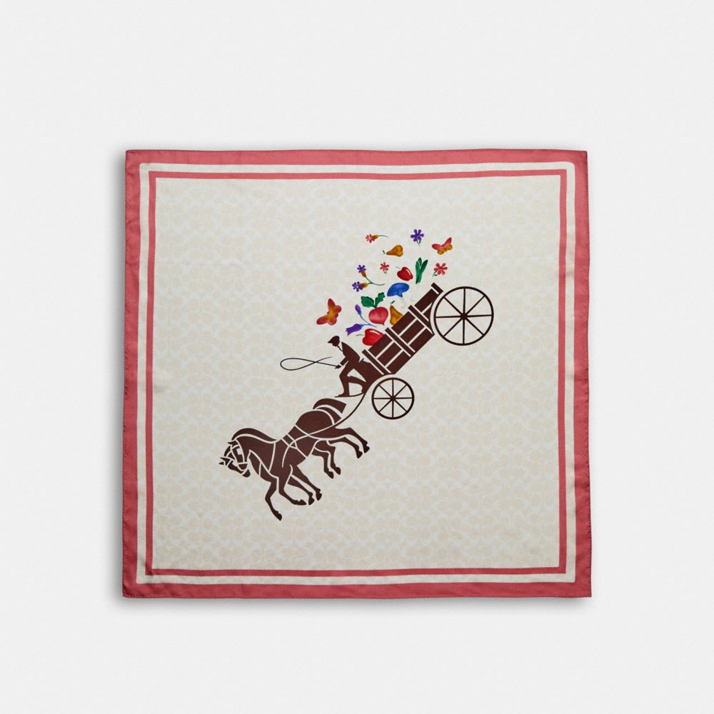 COACH®,HORSE AND CARRIAGE VEGGIE CART PRINT SILK SQUARE SCARF,Chalk,Front View