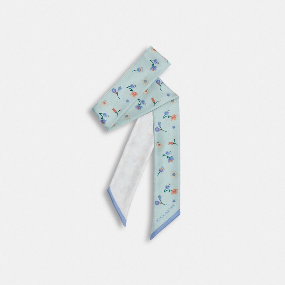 COACH®,MYSTICAL FLORAL PRINT SILK SKINNY SCARF,Light Teal Chalk,Front View