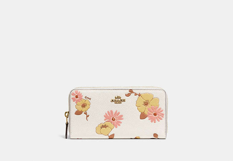 COACH®,ACCORDION ZIP WALLET WITH FLORAL PRINT,Polished Pebble Leather,Mini,Brass/Chalk Multi,Front View