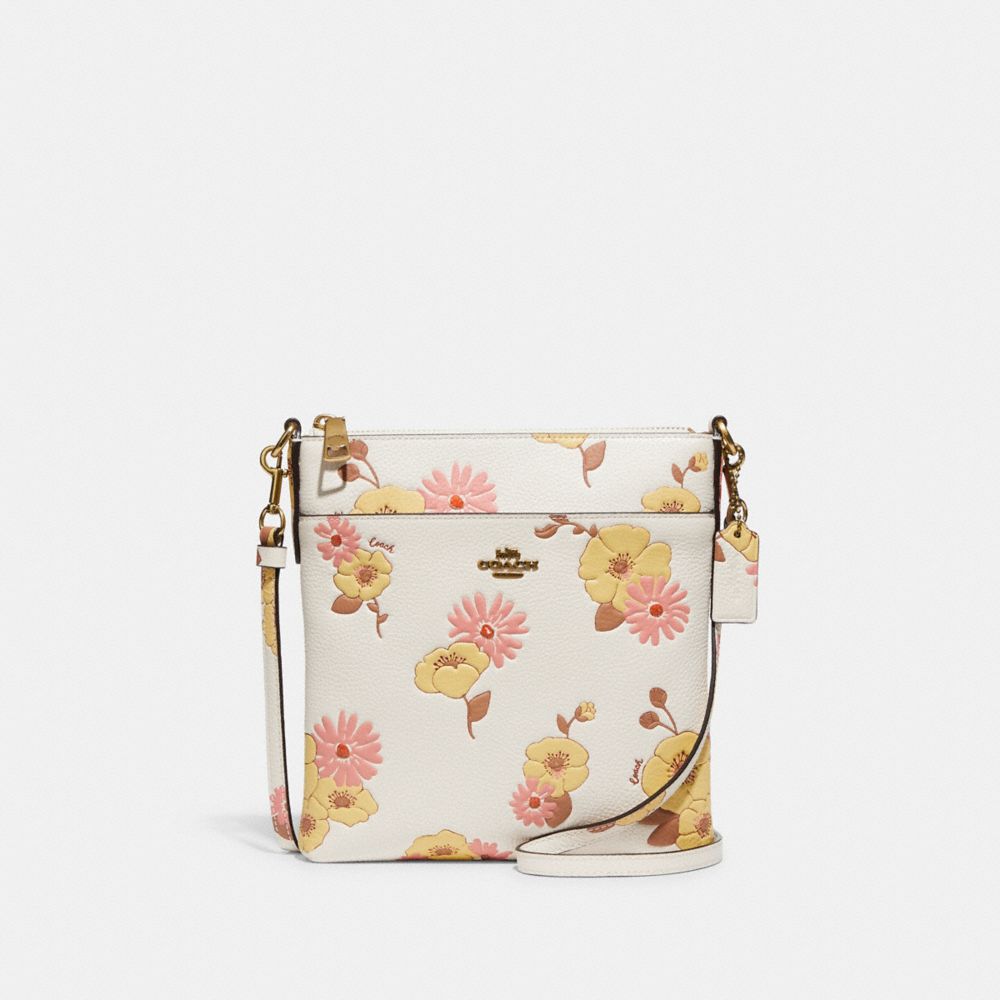COACH®,KITT MESSENGER CROSSBODY BAG WITH FLORAL PRINT,Refined Pebble Leather,Mini,Brass/Chalk Multi,Front View