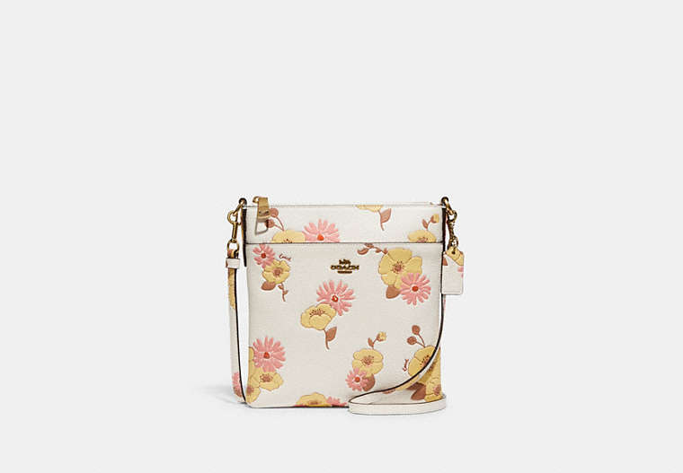 COACH®,KITT MESSENGER CROSSBODY BAG WITH FLORAL PRINT,Polished Pebble Leather,Mini,Brass/Chalk Multi,Front View