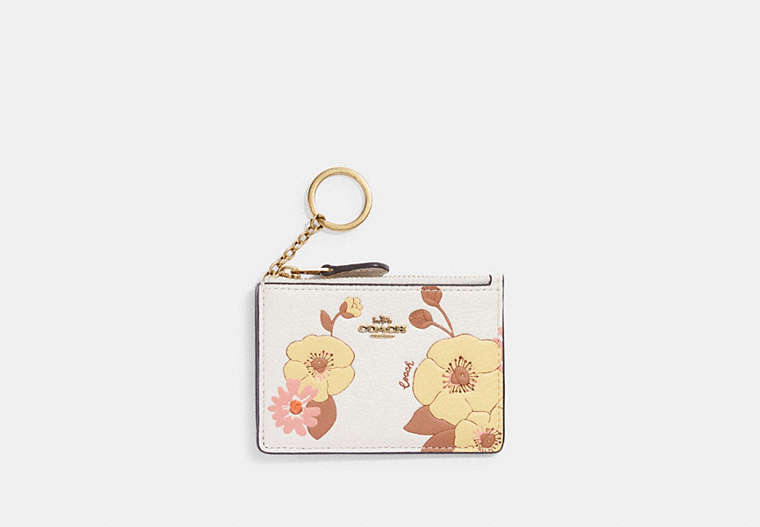 COACH®,MINI SKINNY ID CASE WITH FLORAL PRINT,Polished Pebble Leather,Mini,Brass/Chalk Multi,Front View