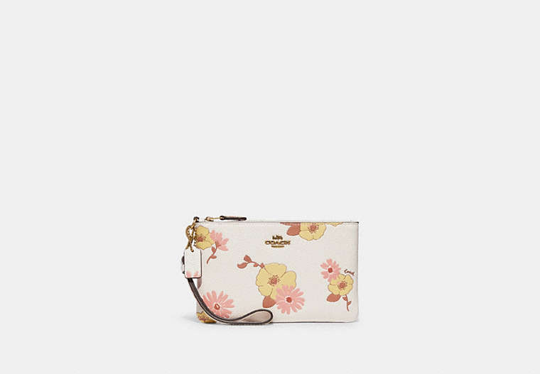 COACH®,SMALL WRISTLET WITH FLORAL PRINT,Polished Pebble Leather,Mini,Brass/Chalk Multi,Front View