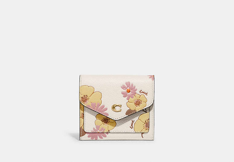 COACH®,WYN SMALL WALLET WITH FLORAL PRINT,Polished Pebble Leather,Brass/Chalk Multi,Front View