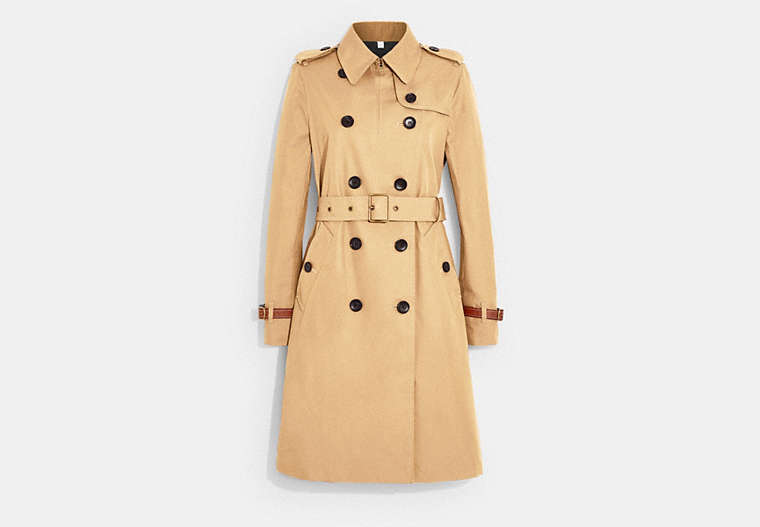 COACH®,ICON TRENCH COAT IN ORGANIC COTTON AND RECYCLED POLYESTER,Organic Cotton,Light Khaki,Front View