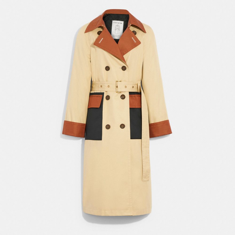 COACH®,STATEMENT TRENCH COAT IN ORGANIC COTTON AND RECYCLED POLYESTER,Light Khaki,Front View