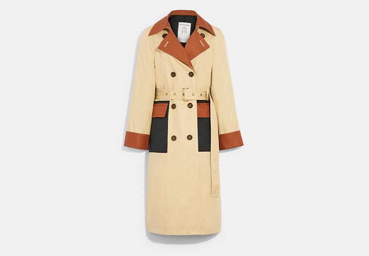 COACH®,STATEMENT TRENCH COAT IN ORGANIC COTTON AND RECYCLED POLYESTER,Organic Cotton,Light Khaki,Front View
