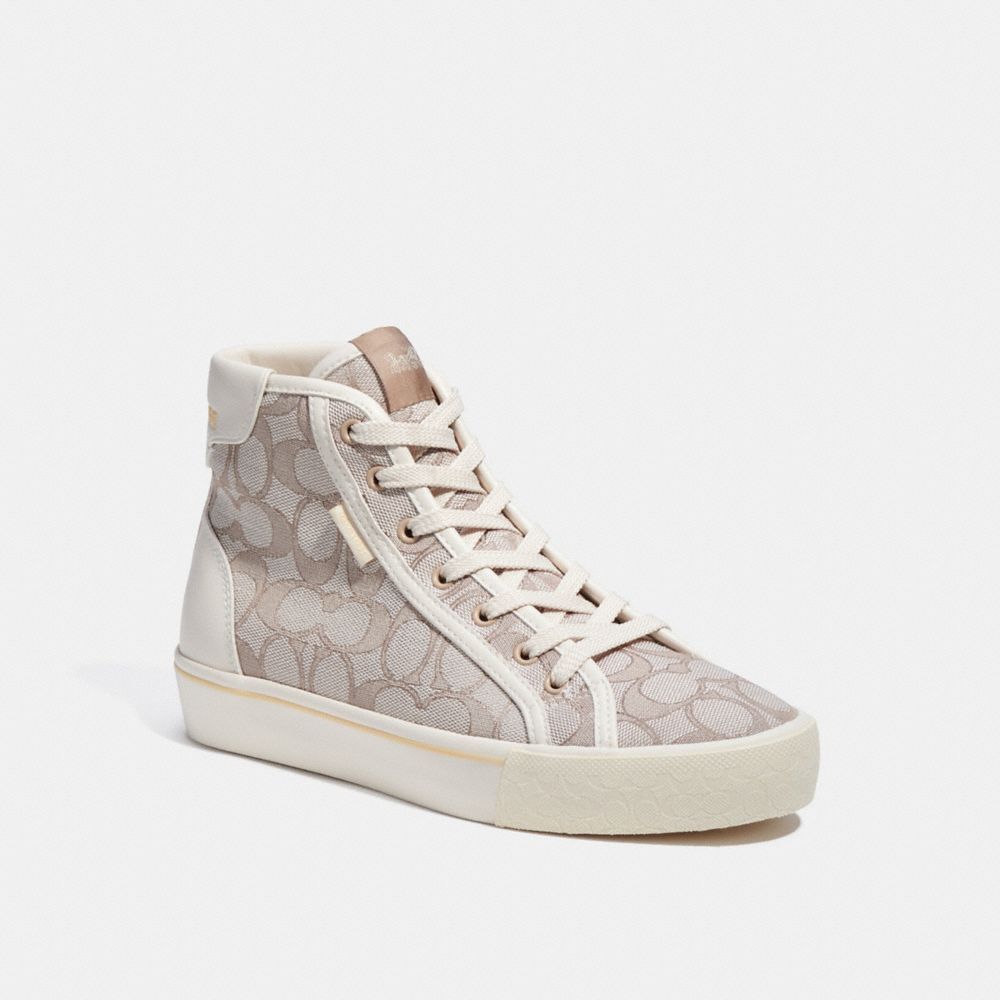 COACH®,CITYSOLE HIGH TOP PLATFORM SNEAKER IN SIGNATURE JACQUARD,Stone,Front View