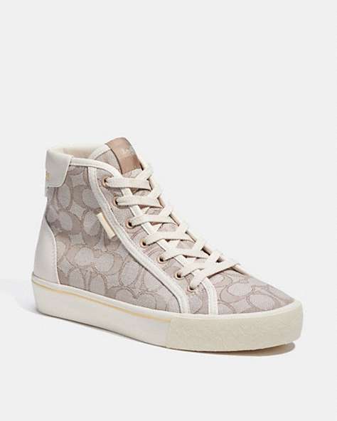 COACH®,CITYSOLE HIGH TOP PLATFORM SNEAKER IN SIGNATURE JACQUARD,Stone,Front View