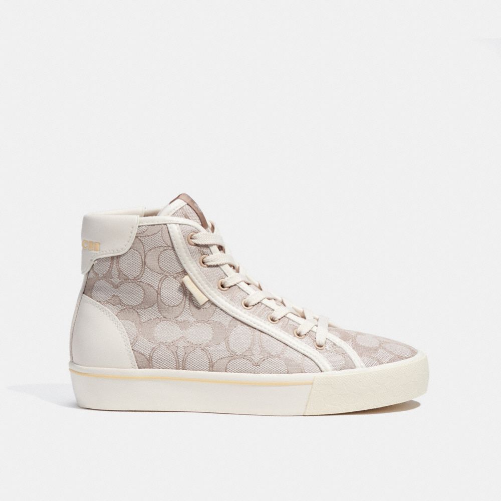 COACH®,Citysole High Top Platform Sneaker In Signature Jacquard,High Top,Casual,Logo,Casual,Beige,Angle View