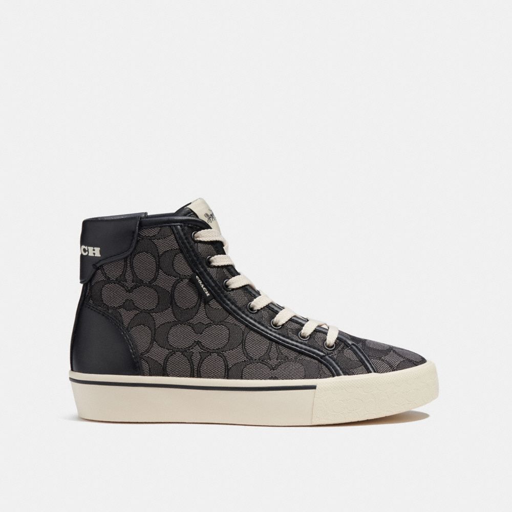 COACH®,CITYSOLE HIGH TOP PLATFORM SNEAKER IN SIGNATURE JACQUARD,Smoke Coal/Black,Angle View