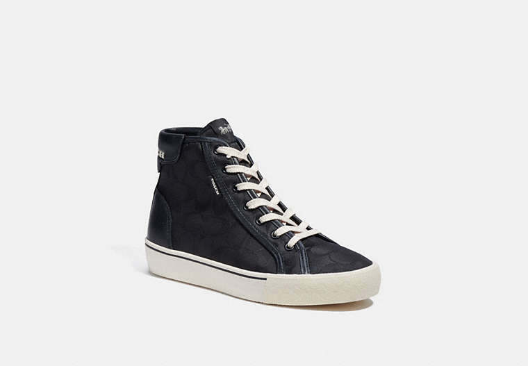 COACH®,CITYSOLE HIGH TOP PLATFORM SNEAKER IN RECYCLED SIGNATURE JACQUARD,Jacquard/Leather,Black,Front View