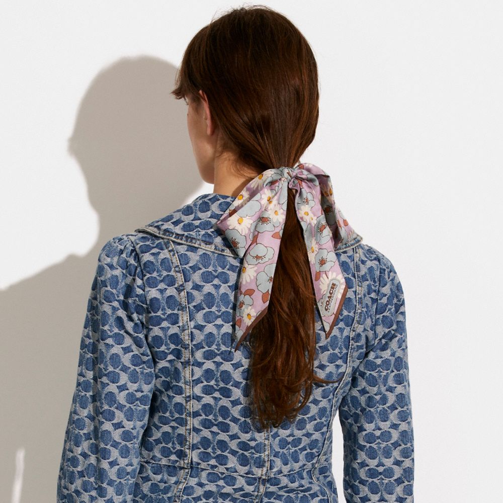 White & Blue Floral Print Neck Scarf - 100% Silk