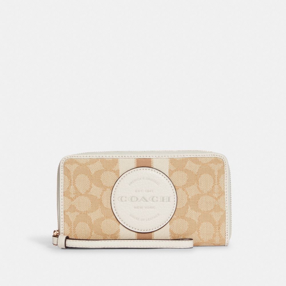 COACH®,DEMPSEY LARGE PHONE WALLET IN SIGNATURE JACQUARD WITH STRIPE AND COACH PATCH,Non Leather,Mini,Gold/Light Khaki Chalk,Front View