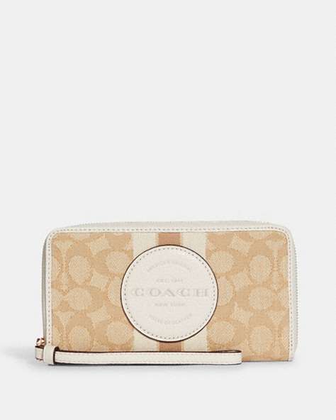 COACH®,DEMPSEY LARGE PHONE WALLET IN SIGNATURE JACQUARD WITH STRIPE AND COACH PATCH,Jacquard,Gold/Light Khaki Chalk,Front View