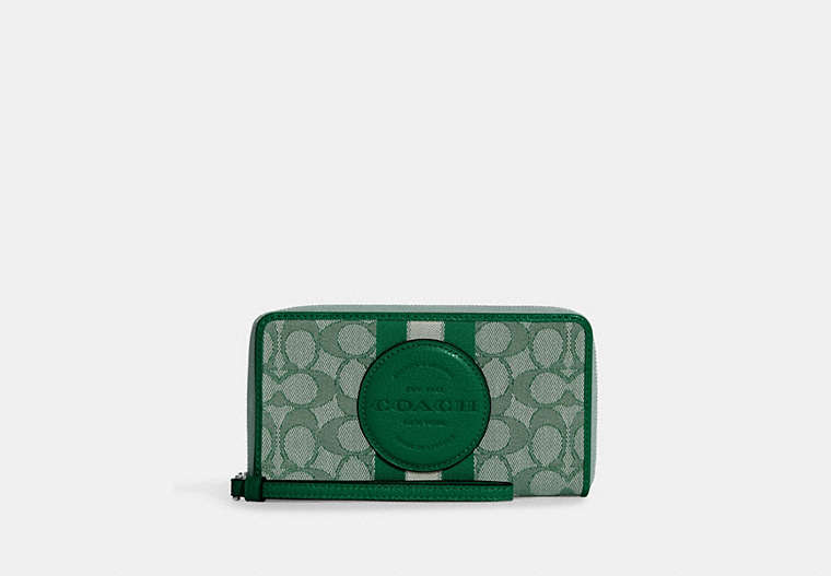 COACH®,DEMPSEY LARGE PHONE WALLET IN SIGNATURE JACQUARD WITH STRIPE AND COACH PATCH,Jacquard,Mini,Silver/Green,Front View