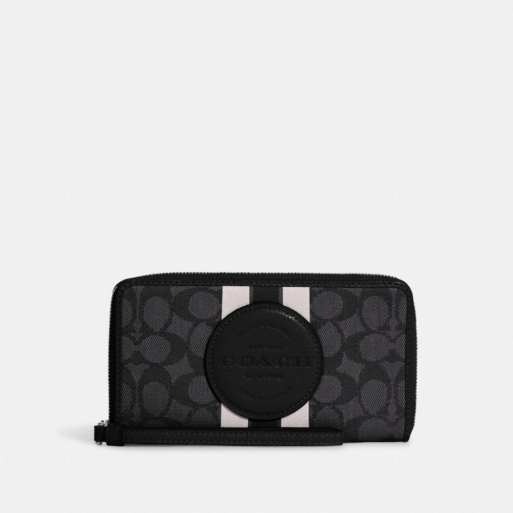 COACH®,DEMPSEY LARGE PHONE WALLET IN SIGNATURE JACQUARD WITH STRIPE AND COACH PATCH,Mini,Silver/Black Smoke Black Multi,Front View