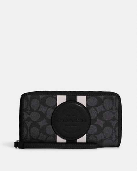 COACH®,DEMPSEY LARGE PHONE WALLET IN SIGNATURE JACQUARD WITH STRIPE AND COACH PATCH,Mini,Silver/Black Smoke Black Multi,Front View