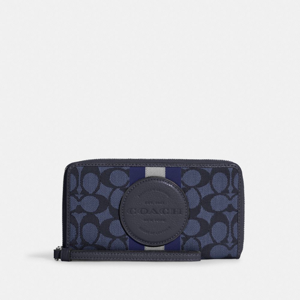 COACH®,DEMPSEY LARGE PHONE WALLET IN SIGNATURE JACQUARD WITH STRIPE AND COACH PATCH,Non Leather,Mini,Silver/Denim/Midnight Navy Multi,Front View