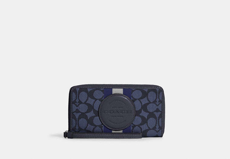 COACH®,DEMPSEY LARGE PHONE WALLET IN SIGNATURE JACQUARD WITH STRIPE AND COACH PATCH,Jacquard,Mini,Silver/Denim/Midnight Navy Multi,Front View