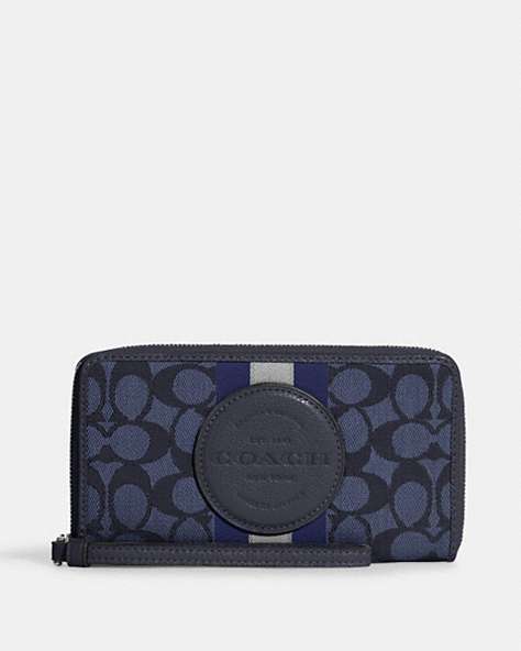 COACH®,DEMPSEY LARGE PHONE WALLET IN SIGNATURE JACQUARD WITH STRIPE AND COACH PATCH,Mini,Silver/Denim/Midnight Navy Multi,Front View