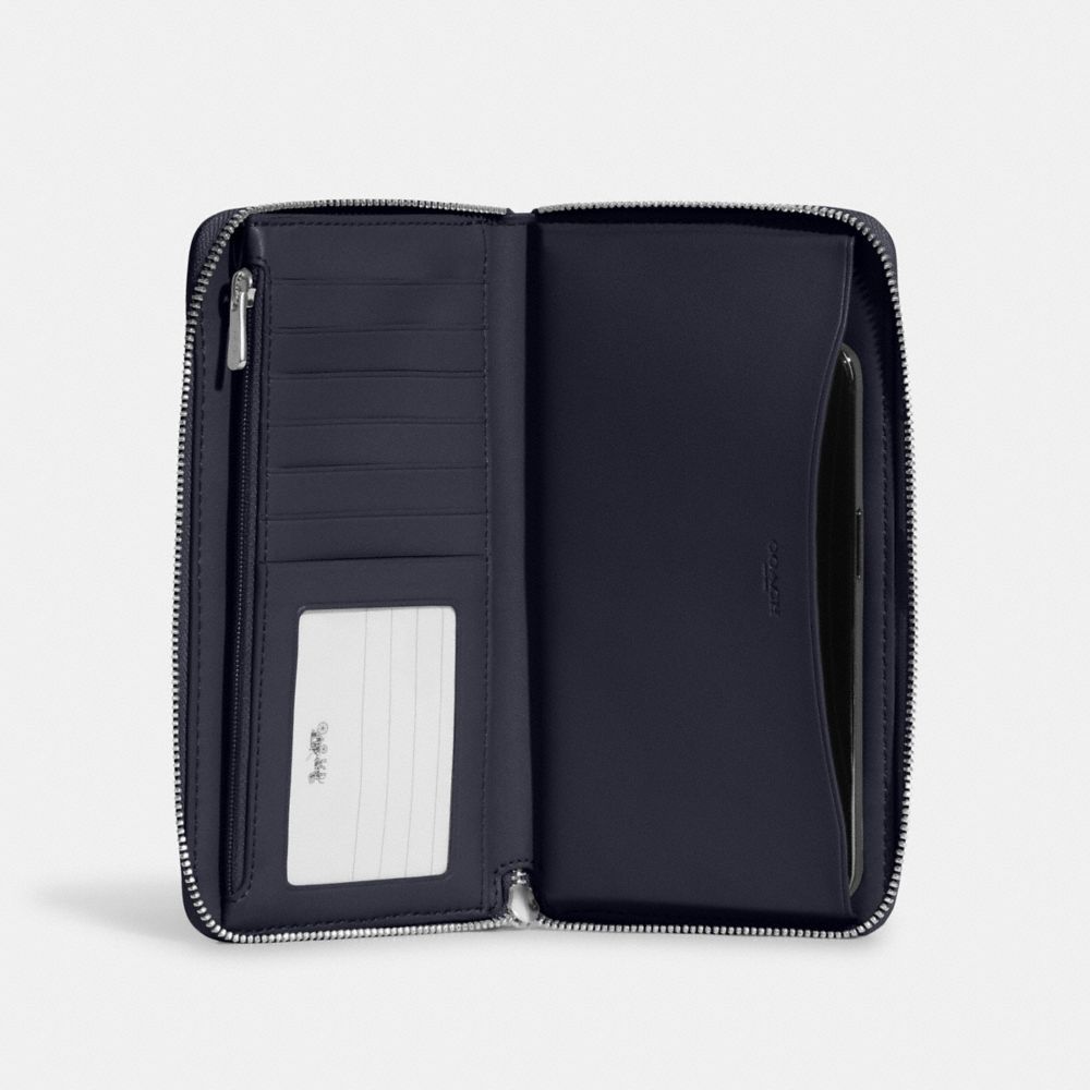 COACH®,DEMPSEY LARGE PHONE WALLET IN SIGNATURE JACQUARD WITH STRIPE AND COACH PATCH,Non Leather,Mini,Silver/Denim/Midnight Navy Multi,Inside View,Top View