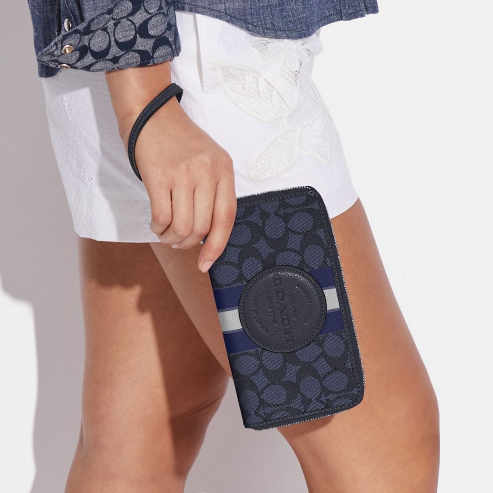 COACH®,DEMPSEY LARGE PHONE WALLET IN SIGNATURE JACQUARD WITH STRIPE AND COACH PATCH,Non Leather,Mini,Silver/Denim/Midnight Navy Multi,Detail View