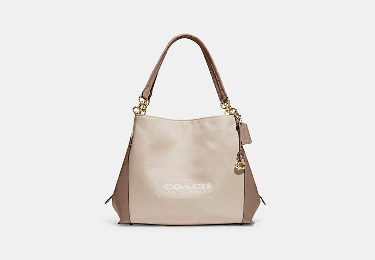 COACH®,DALTON 31 WITH COACH BADGE,Jacquard/Smooth Leather,Large,Gold/Chalk Taupe,Front View