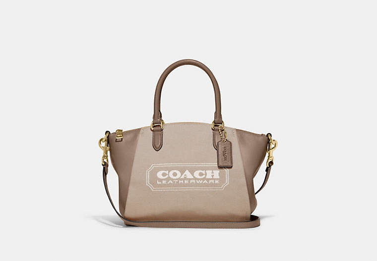 COACH®,ELISE SATCHEL WITH COACH BADGE,Jacquard/Smooth Leather,Medium,Gold/Chalk Taupe,Front View