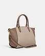 COACH®,ELISE SATCHEL WITH COACH BADGE,Jacquard/Smooth Leather,Medium,Gold/Chalk Taupe,Angle View