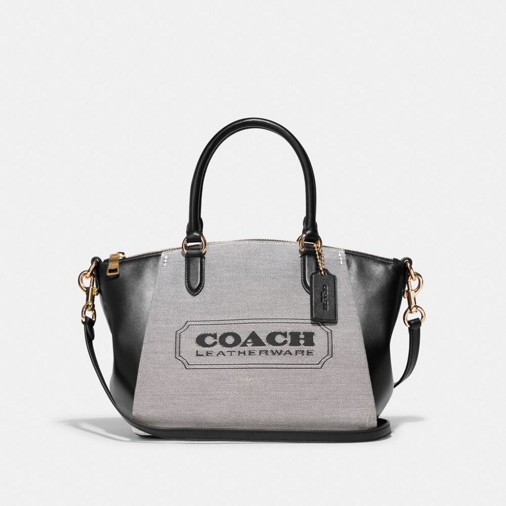 COACH®,ELISE SATCHEL BAG WITH COACH BADGE,Jacquard/Smooth Leather,Medium,Gold/Salt Black,Front View