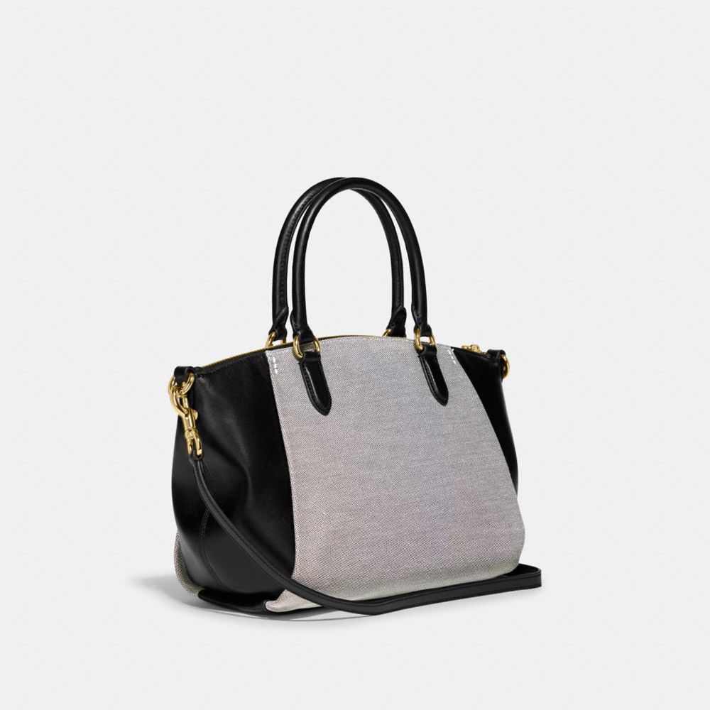 COACH®,ELISE SATCHEL BAG WITH COACH BADGE,Jacquard/Smooth Leather,Medium,Gold/Salt Black,Angle View