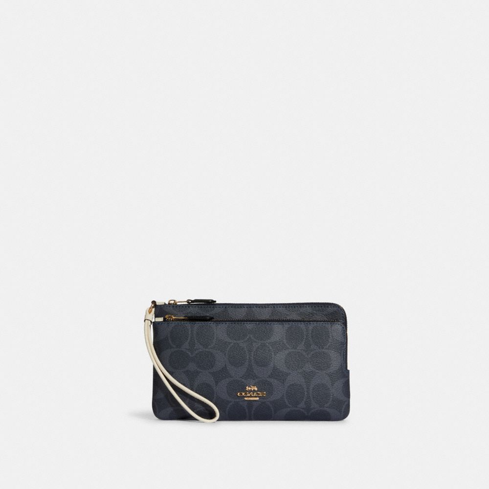 COACH®,DOUBLE ZIP WALLET IN SIGNATURE CANVAS,Mini,Gold/Denim Multi,Front View