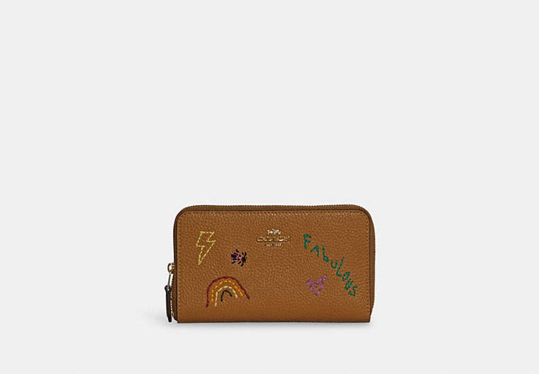 COACH®,MEDIUM ID ZIP WALLET WITH DIARY EMBROIDERY,Leather,Gold/Penny Multi,Front View