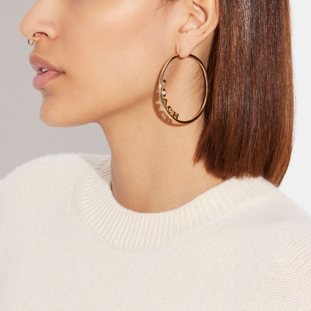 COACH®,COACH MEDIUM HOOP EARRINGS,Gold,Detail View