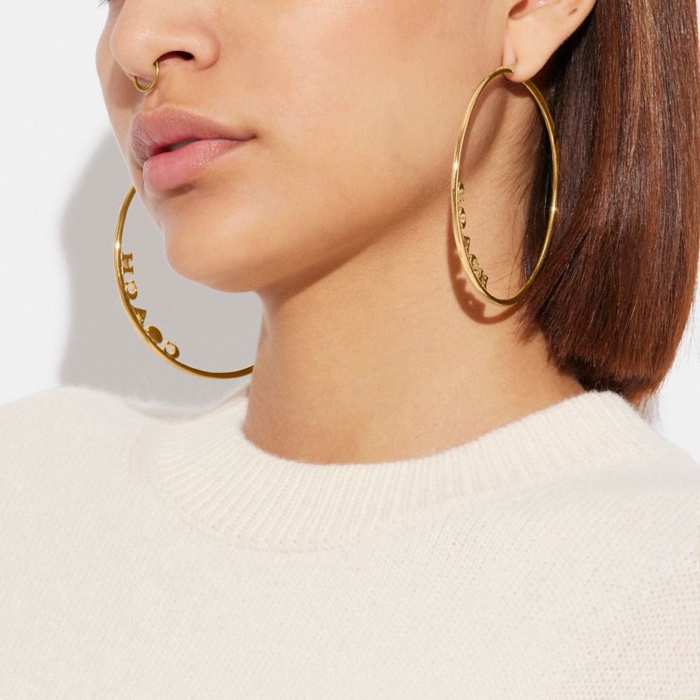 COACH®,SIGNATURE LARGE HOOP EARRINGS,Gold,Detail View