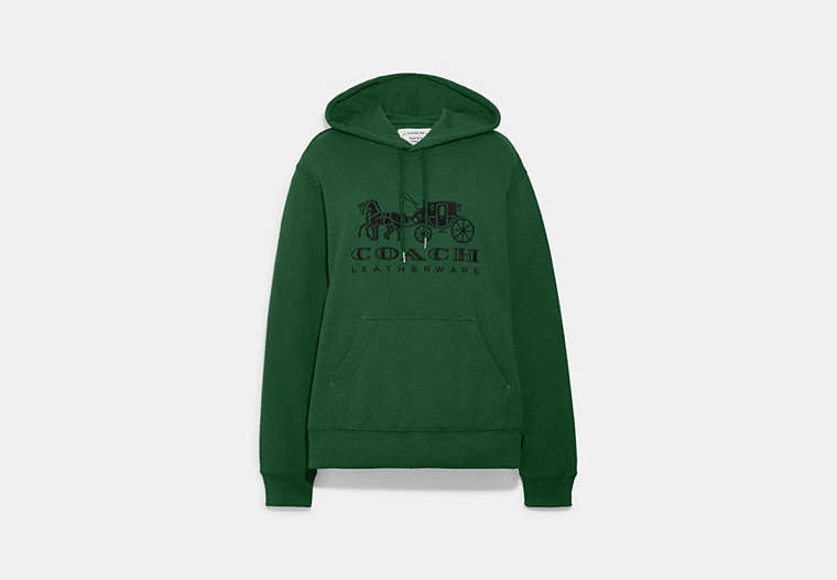 COACH®,HORSE AND CARRIAGE HOODIE IN ORGANIC COTTON,Organic Cotton,Dark Pine,Front View