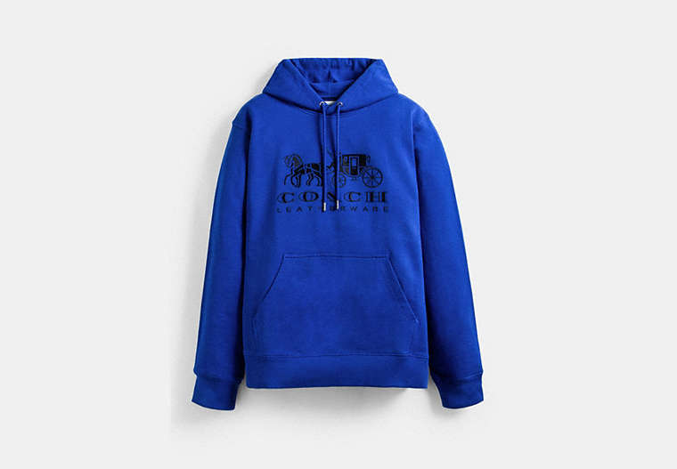 COACH®,HORSE AND CARRIAGE HOODIE IN ORGANIC COTTON,Blue Fin,Front View