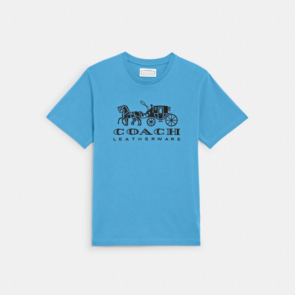 COACH®,T-SHIRT CHEVAL ET CHARIOT EN COTON BIOLOGIQUE,Coton biologique,Sarcelle,Front View