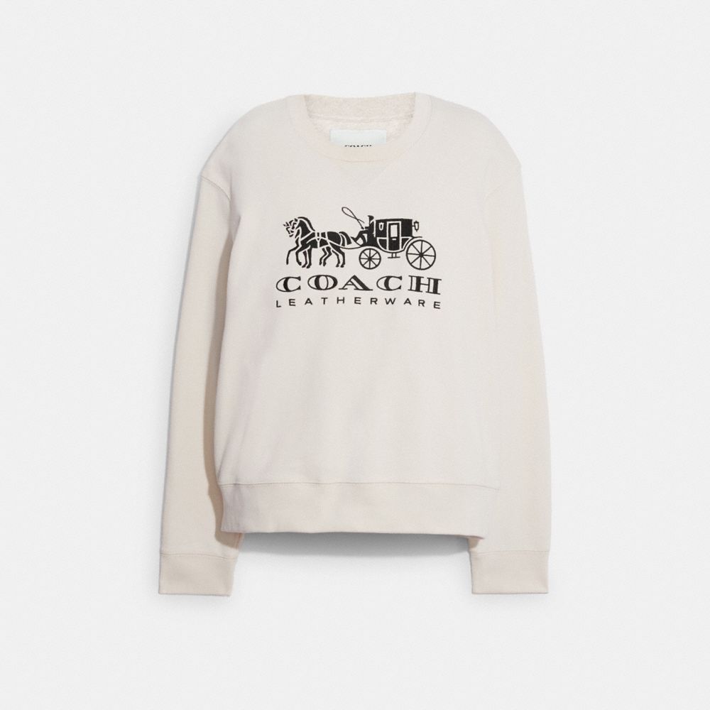 COACH®,SWEATSHIRT À COL ROND EVERGREEN CHEVAL ET CHARIOT EN COTON BIOLOGIQUE,Coton biologique,Craie,Front View