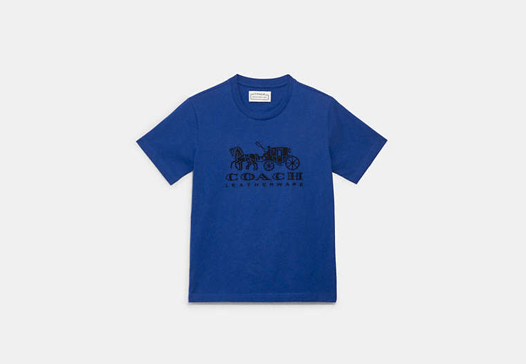 COACH®,HORSE AND CARRIAGE T-SHIRT IN ORGANIC COTTON,Organic Cotton,Blue,Front View