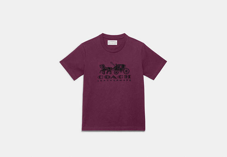 COACH®,HORSE AND CARRIAGE T-SHIRT IN ORGANIC COTTON,Organic Cotton,Deep Berry,Front View