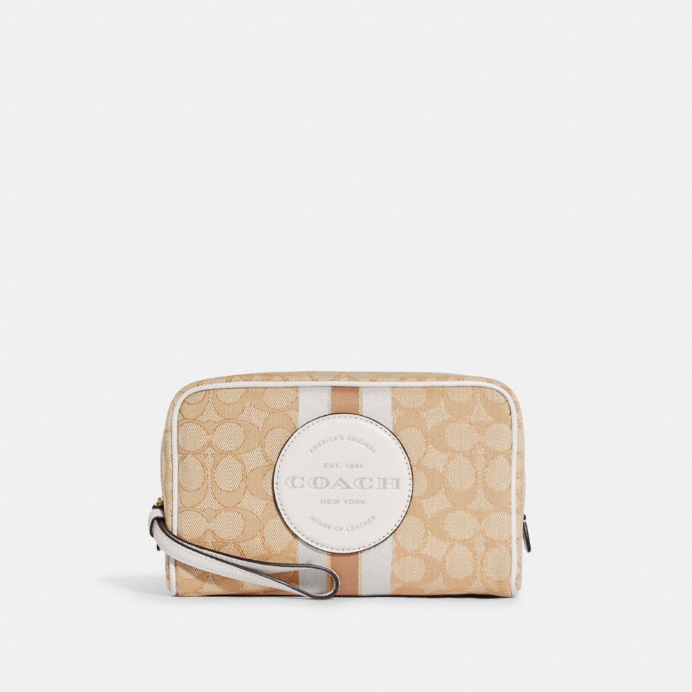 COACH®,DEMPSEY BOXY COSMETIC CASE 20 IN SIGNATURE JACQUARD WITH STRIPE AND COACH PATCH,Medium,Gold/Light Khaki Chalk,Front View